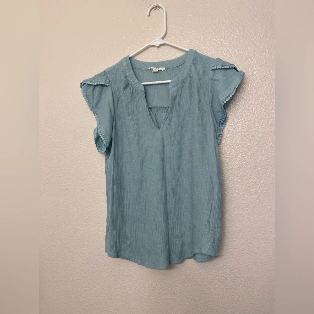 Mine pale blue slate v neck coastal beachy blouse flounce top boho muslin - L